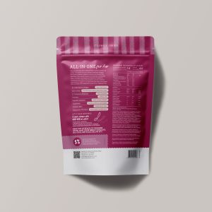 Simply Flourish All-In-One For Her ingredients label — collagen, magnesium, superfoods, probiotics and vitamins